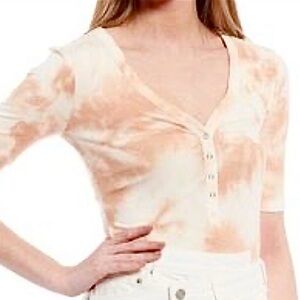 Gianni Bini Bodysuit XL Stretch Henley Rib Knit V-Neck Tie-Dye